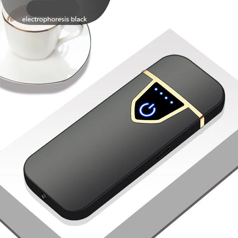 Personalised creative fingerprint induction charging cigarette lighter in black, USB rechargeable, plastic and zinc alloy construction