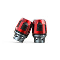 A pair of anodised aluminium alloy fork cups for motorcycle or electric car front axles.