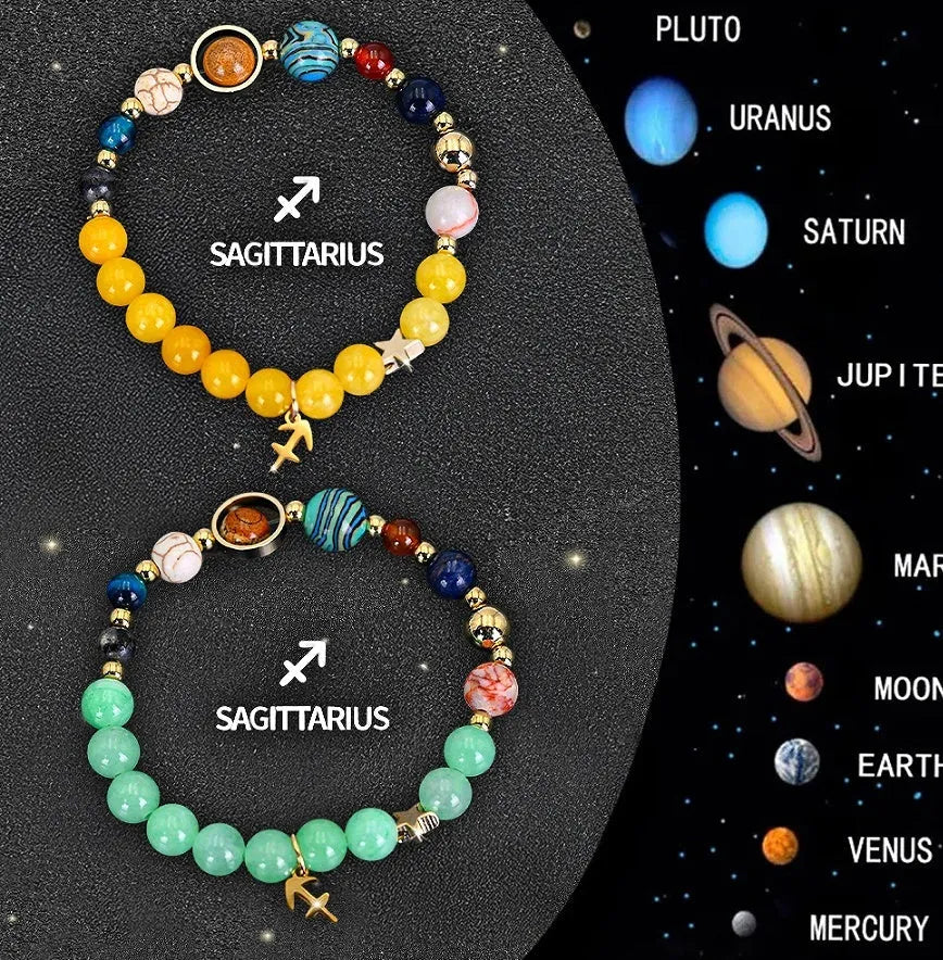 Two natural stone bead bracelets showing zodiac symbols on adjustable straps