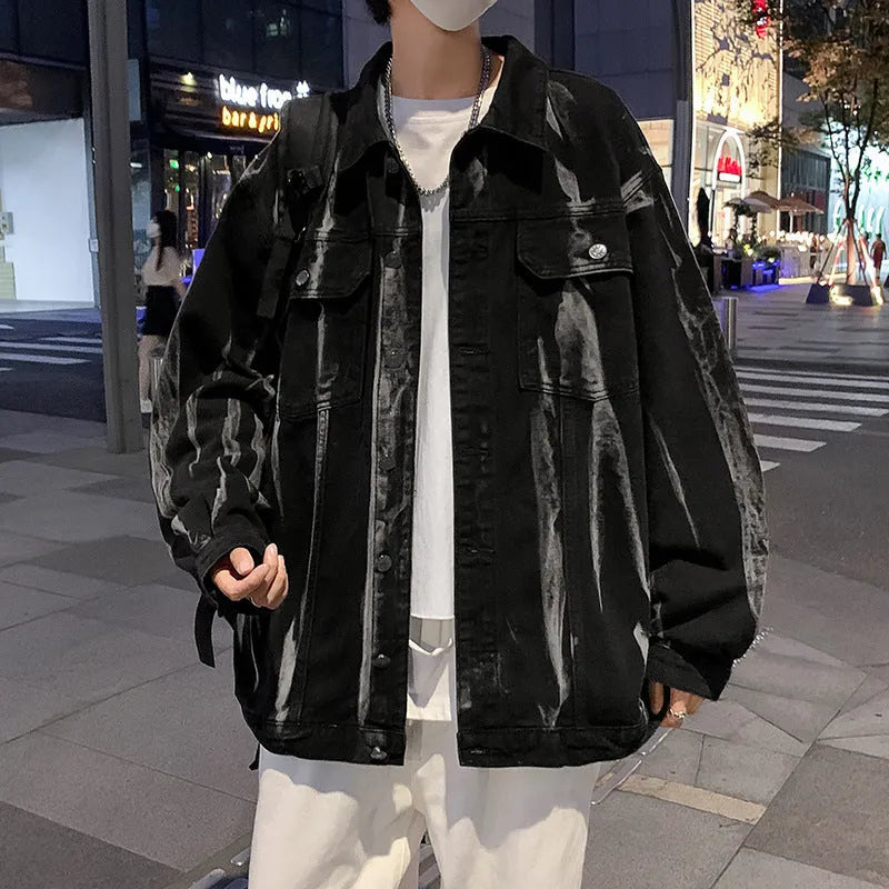 Men's Hong Kong style tie-dye denim coat in gray, loose fit with side seam pockets, autumn casual wear