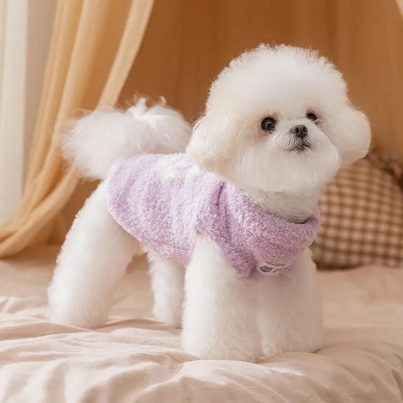 Cute owl face pet sweater in blue and purple, soft plush winter pullover for cats and small dogs, XS S