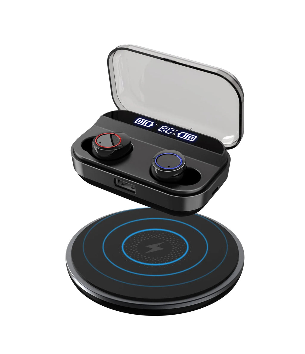 Black X11 wireless Bluetooth earbuds inside their white charging case, with silicone ear sleeves.
