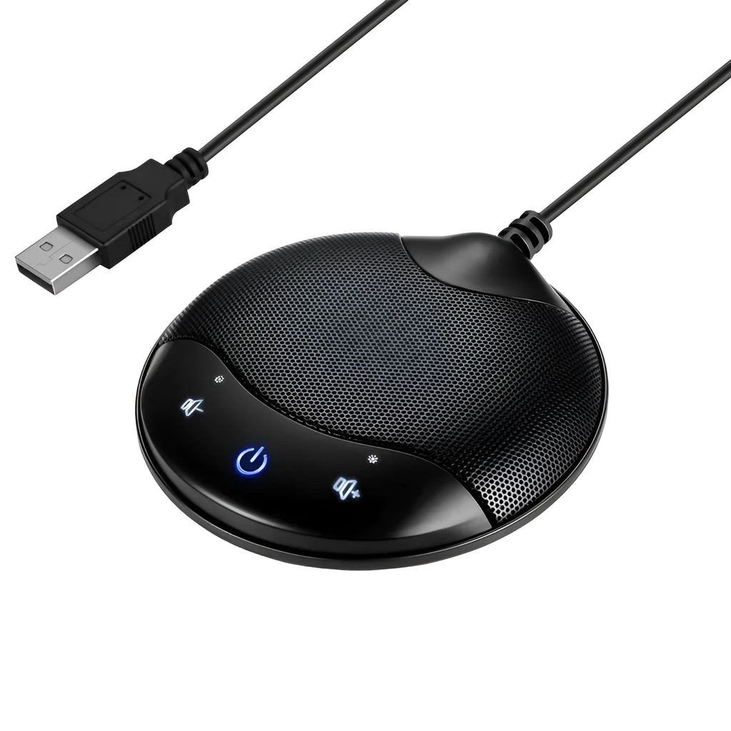 Black USB condenser microphone for conferences and gaming on a desk.