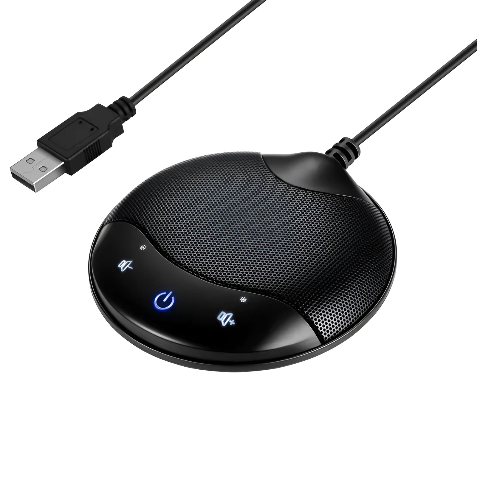Black USB condenser microphone for conferences and gaming on a desk.