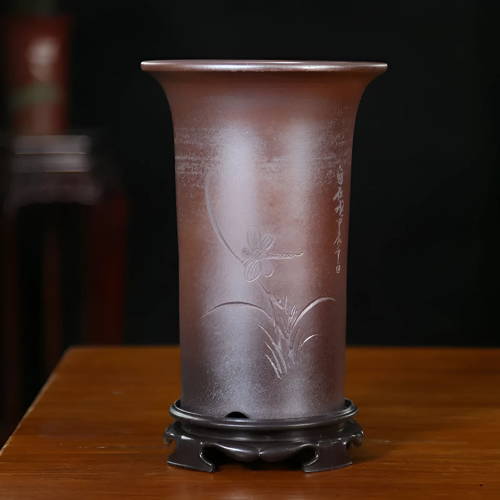 Round carved purple sand ceramic orchid pot with black firewood flat mouth for desktop or ground use