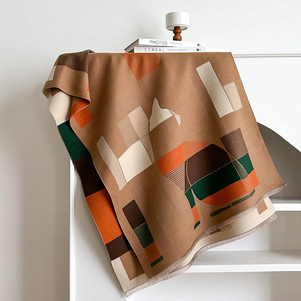 Long beige cashmere-like polyester scarf in a European chic style, laid flat to show its 185cm length.