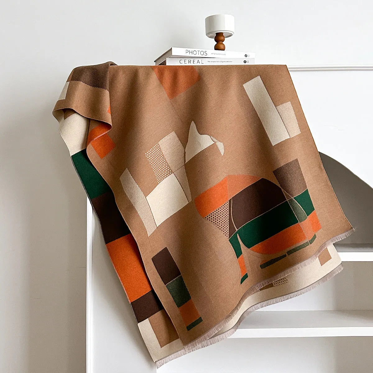 Long beige cashmere-like polyester scarf in a European chic style, laid flat to show its 185cm length.