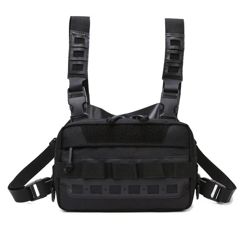 Tactical chest bag in black polyester with under 20L capacity for hiking and cycling
