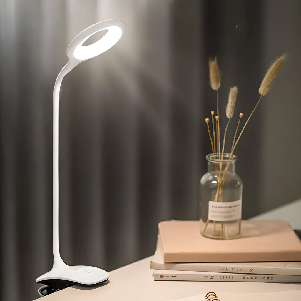 Green USB rechargeable table lamp with touch switch on a wooden desk.
