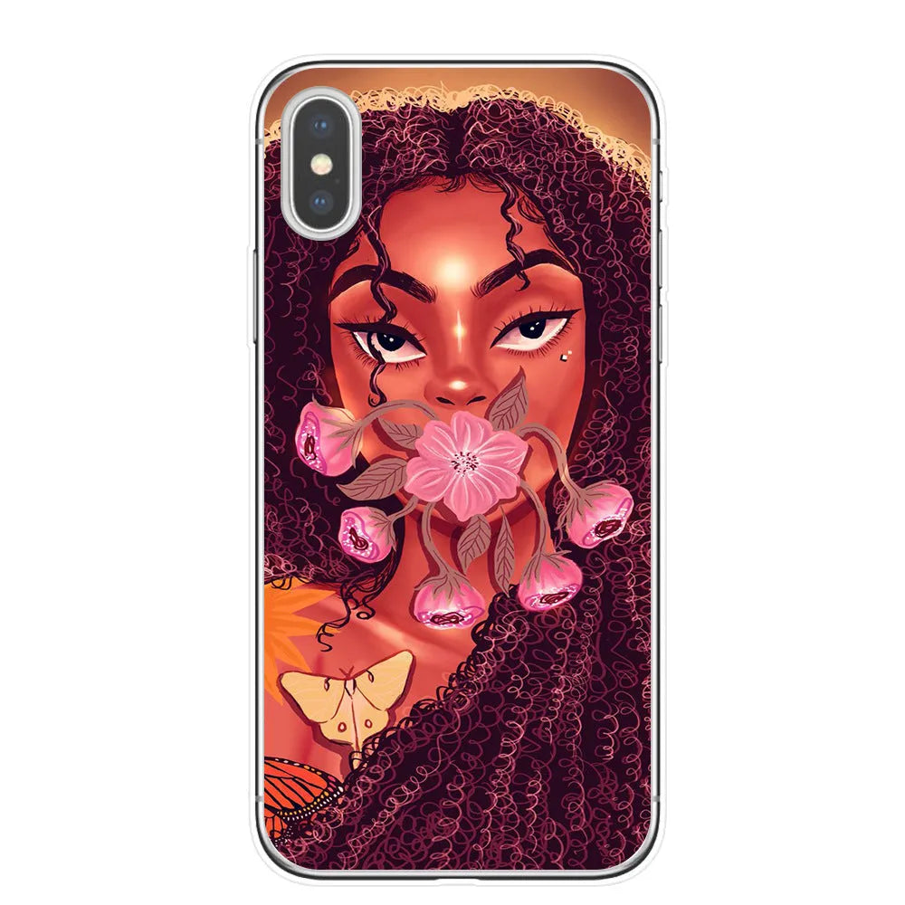 Hand drawn girl TPU phone case for iPhone with artistic design in multiple colour options