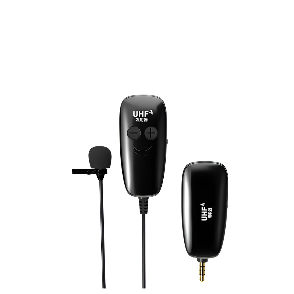 Black mobile phone lavalier microphone with 3.5mm plug and omnidirectional microphone core.