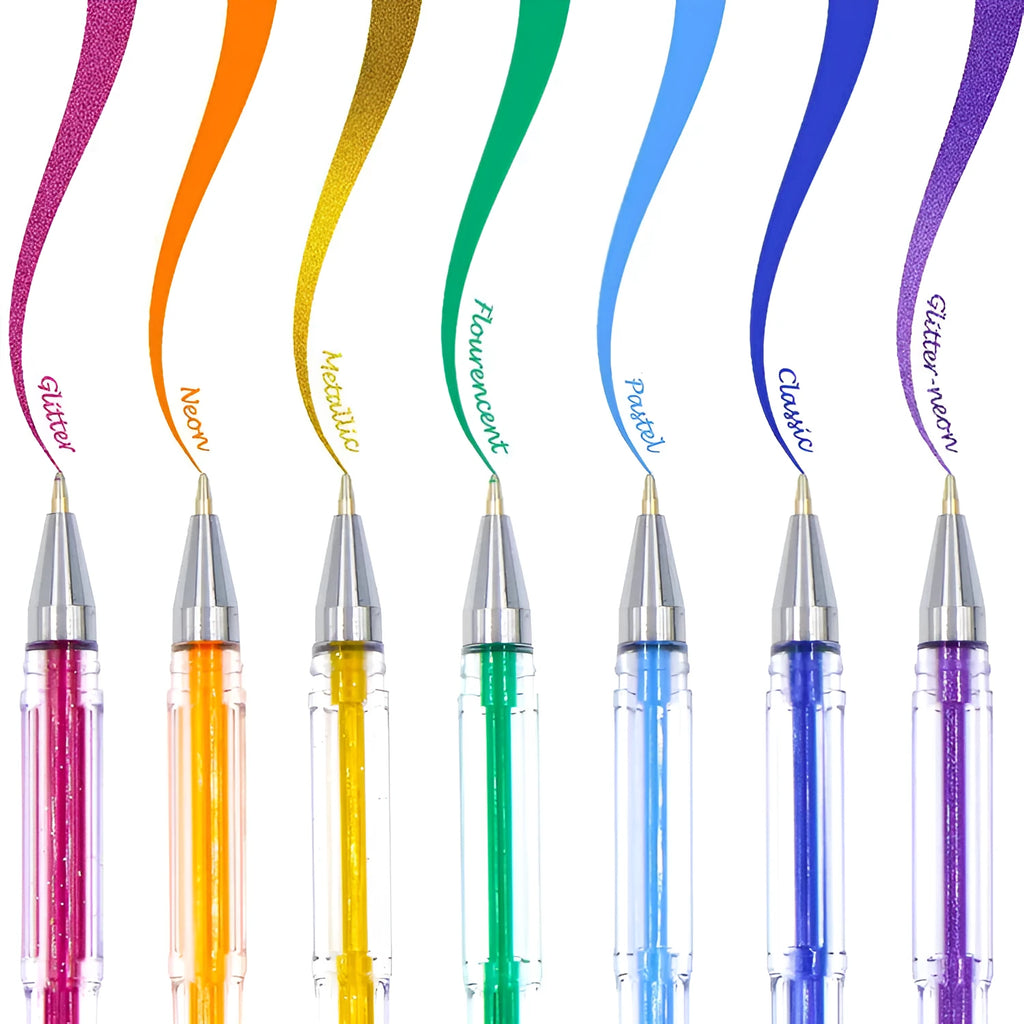 Set of 100 assorted colour gel pens with plastic bodies, shown with 0.5mm and 1.0mm tips.