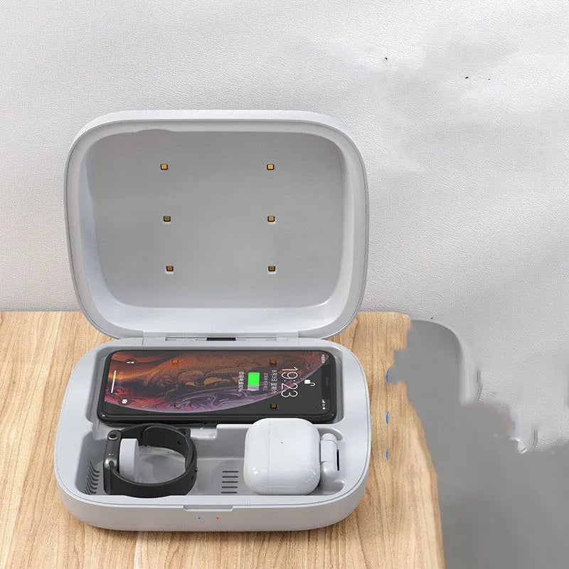 4 in 1 wireless charging and disinfection box for cell phones in black and white colour options with Micro USB input