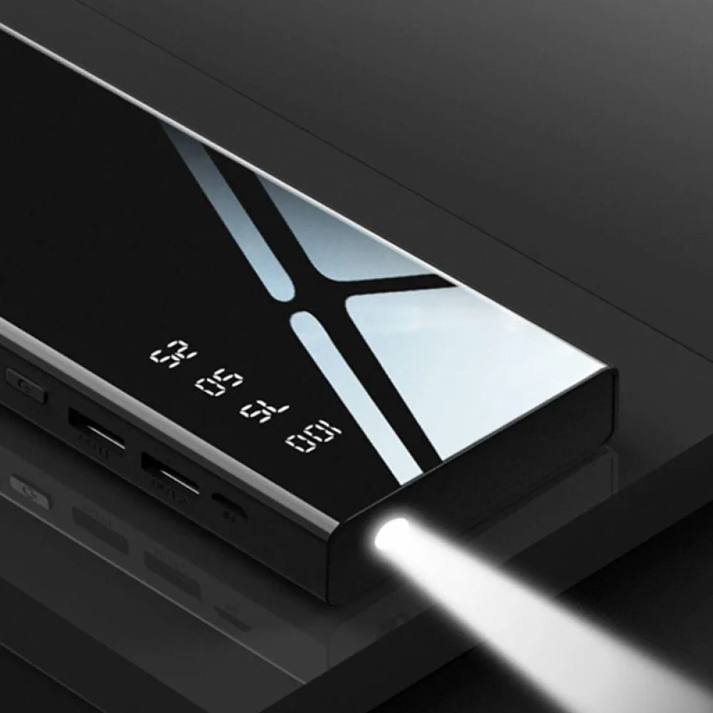 Black 20000mAh portable power bank with LCD screen and two USB ports