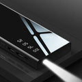 Black 20000mAh portable power bank with LCD screen and two USB ports