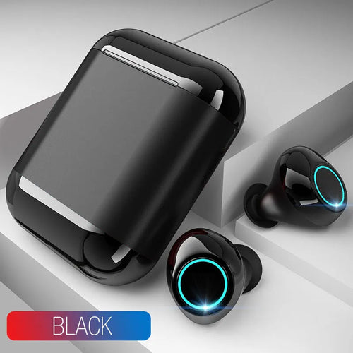 Black True Wireless Stereo Bluetooth earplug headset with gold and light grey colour options shown.