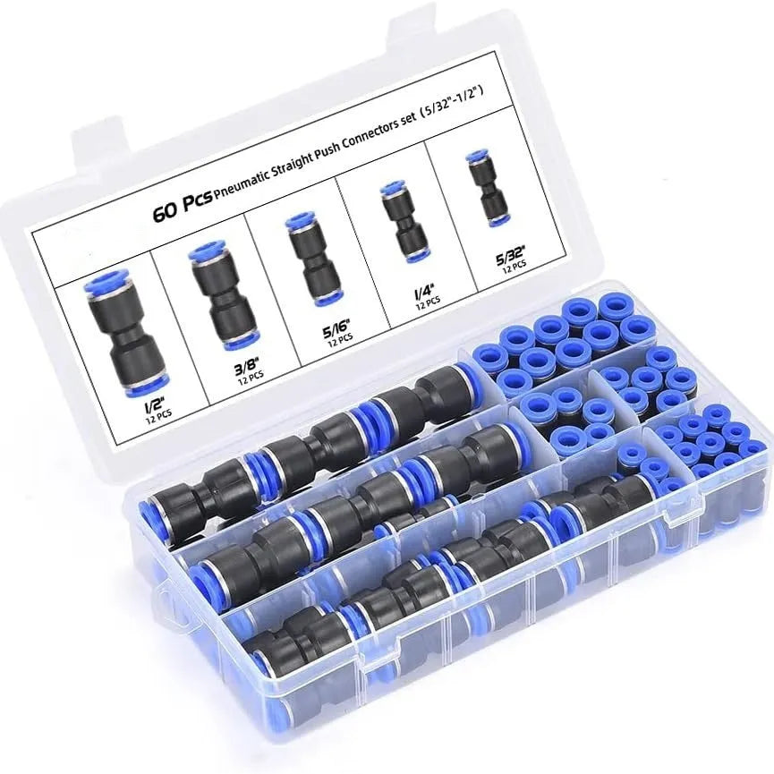 Assortment of 60 quick-connect pneumatic push-in fittings with R1/4 and R1/2 threads.