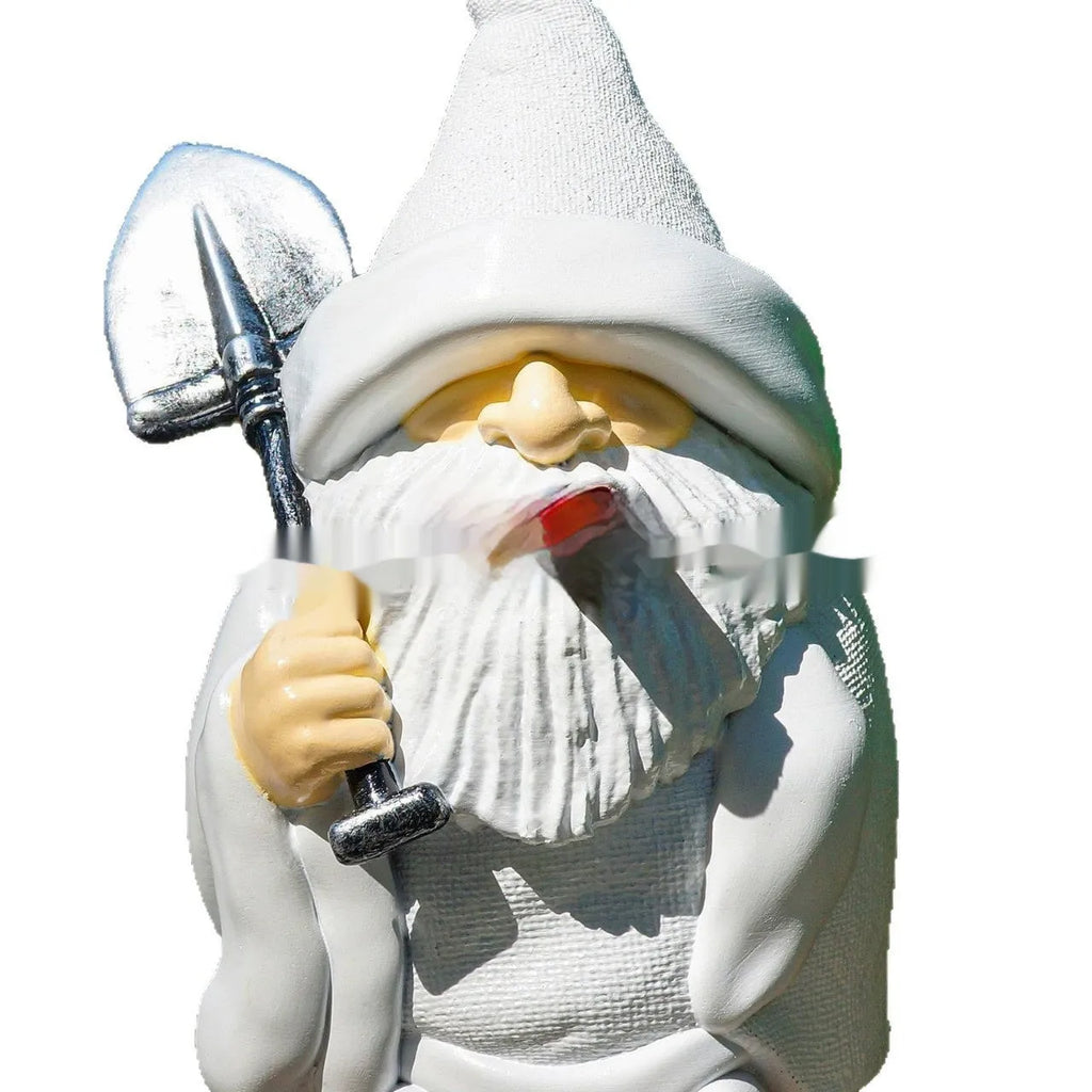 Christmas garden resin ornament depicting pipe dwarf figure holding smoking shovel