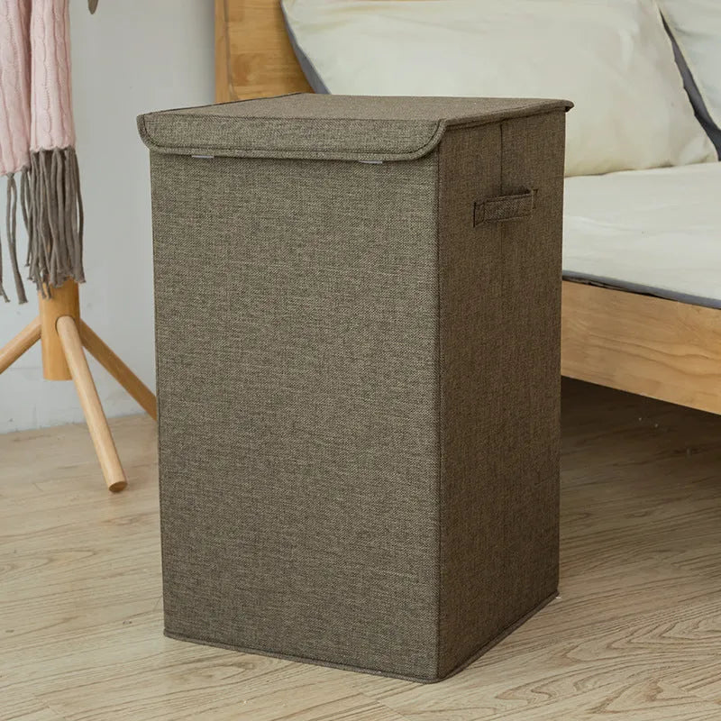 Brown foldable three-dimensional fabric storage basket with cotton linen material, shown upright and collapsed flat.