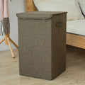 Brown foldable three-dimensional fabric storage basket with cotton linen material, shown upright and collapsed flat.