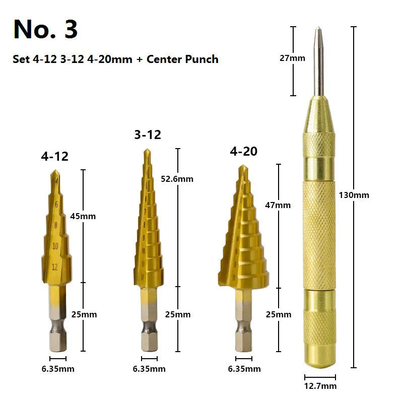 High-speed steel step drill bits and a centre punch set on a workbench, showing colour-coded tools.