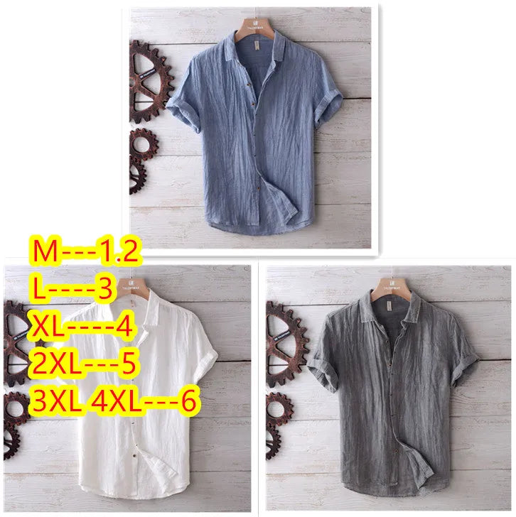 Men's solid colour retro distressed linen shirt in white with relaxed fit and button front