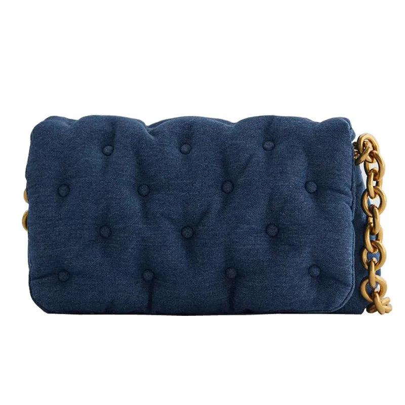 Blue denim quilted shoulder bag with chain strap and padded buttons, 19 x 30 x 8 cm