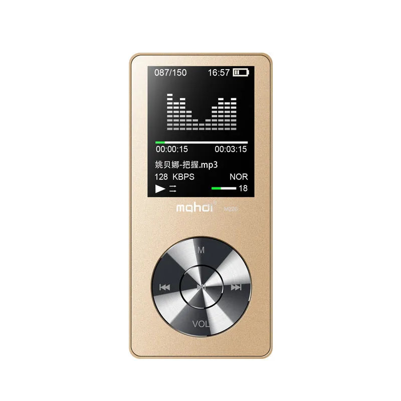 Gold, silver, and black all-metal MP3 player with 1.8-inch screen showing menu.
