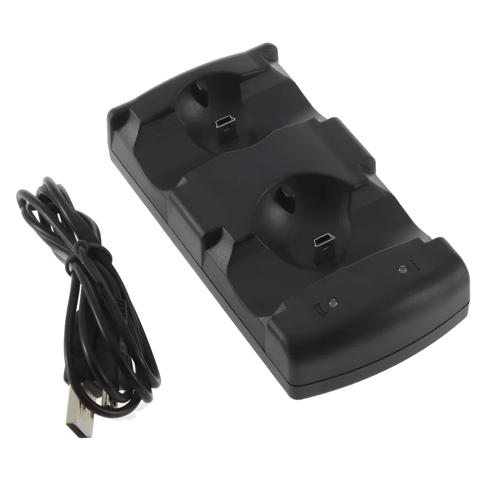 Black dual USB charging dock for PlayStation 3 controllers holding two wireless gamepads