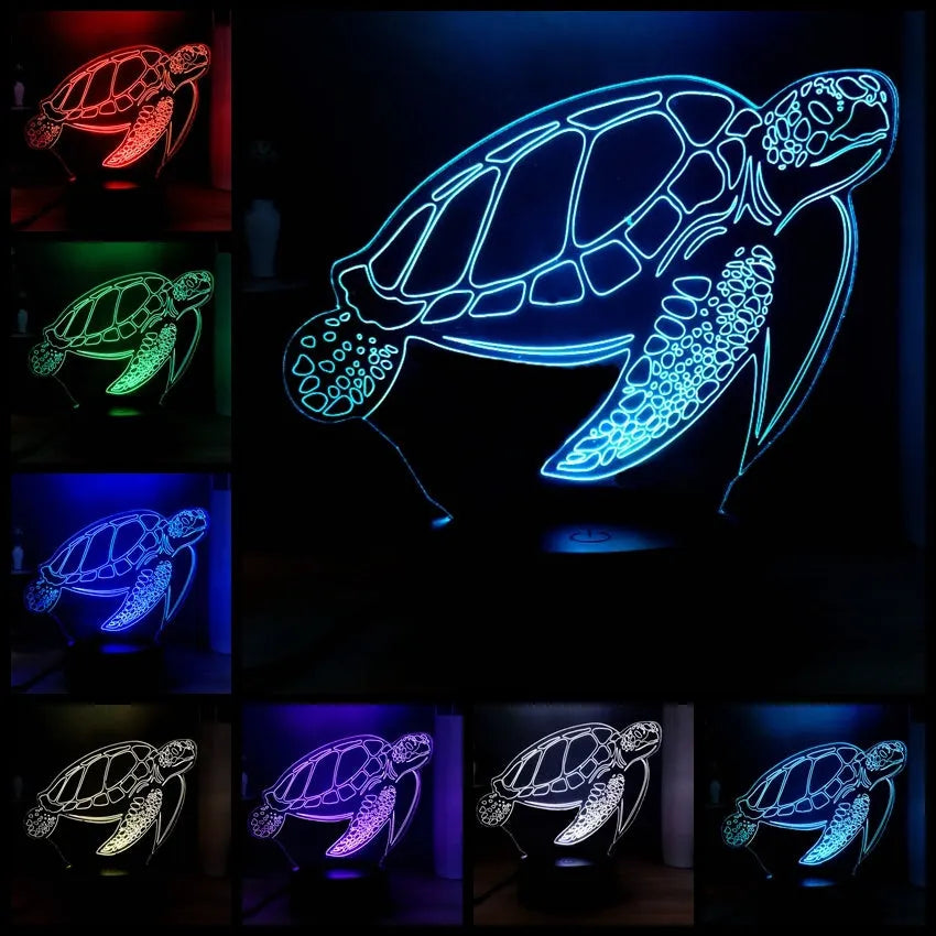 3D acrylic turtle-shaped LED night light with remote control on a shelf.