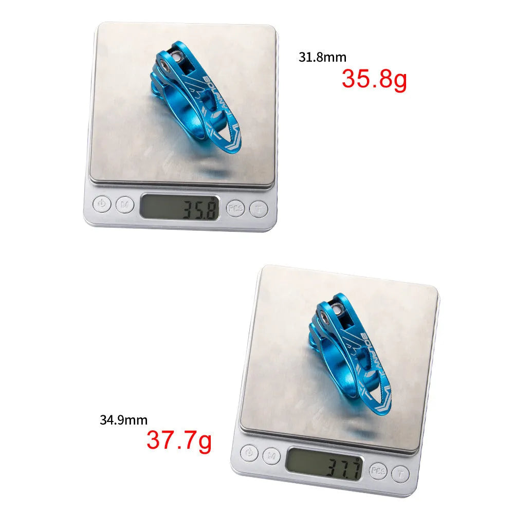 Aluminium bicycle seat post clamp in black, blue, gold, or red colour for 31.8mm or 34.9mm seat tubes