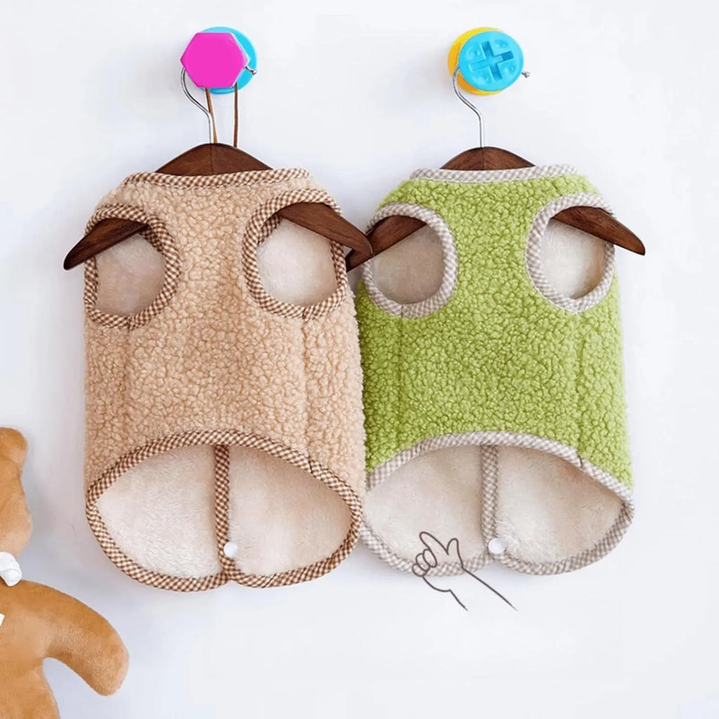 Green thickened coral fleece dog vest with a metal leash ring on a small dog.