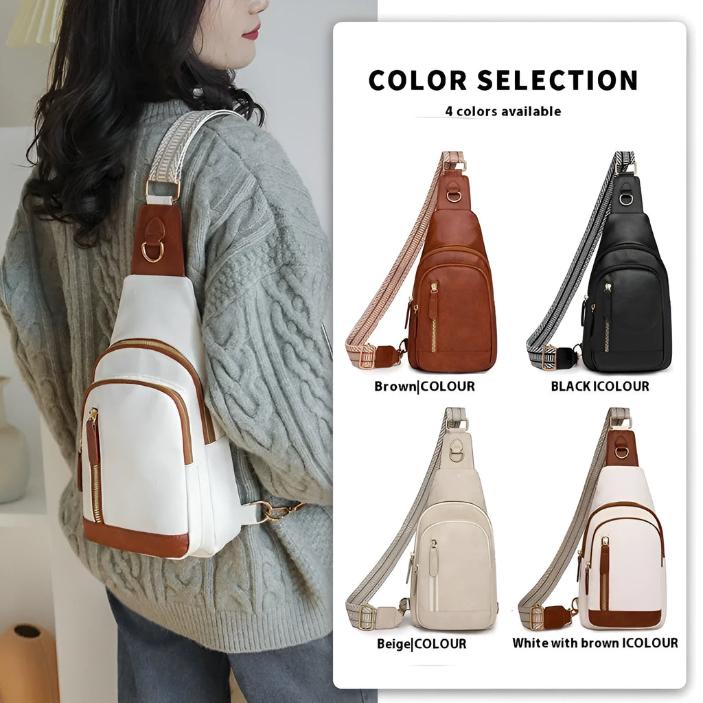 Soft PU women's crossbody chest bag in street style, showing internal zipper organisers.