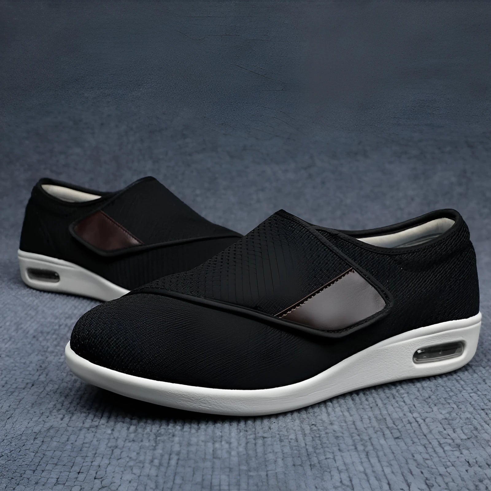 Unisex leisure shoe with hook-and-loop strap on textile upper and foam rubber sole.