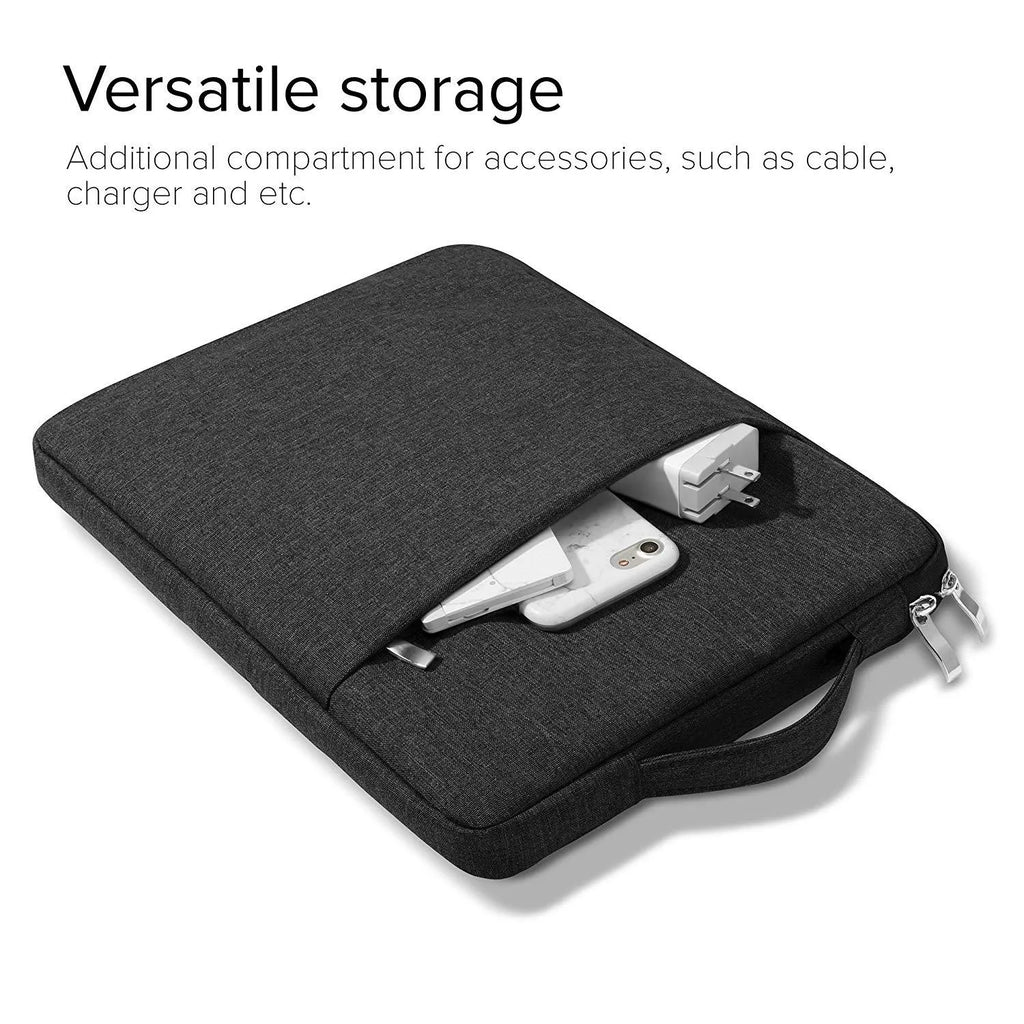 Grey canvas protective sleeve case for an iPad Pro 12.9 tablet on a wooden table.