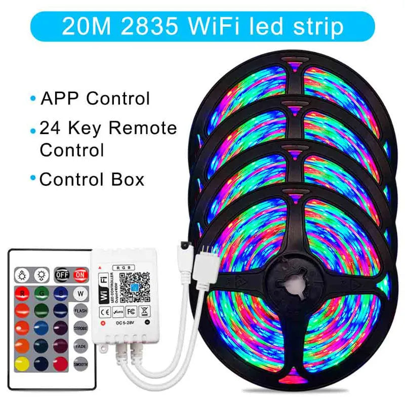 RGB LED light strip with 24-key WiFi controller, 2835 or 5050 LEDs, 5m to 20m lengths, non-waterproof