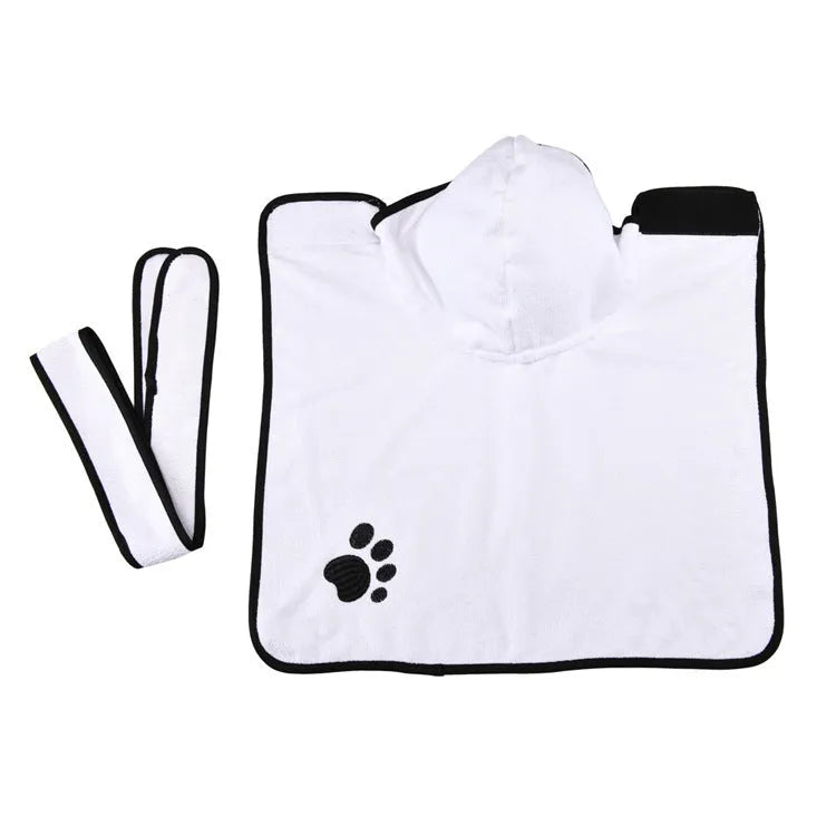 Strong absorbent dog towel pet bathrobe with adjustable belt and Velcro neckline, sizes XS to XL