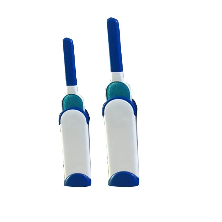 Blue reusable pet hair removal comb with double-sided lint brush and self-cleaning base