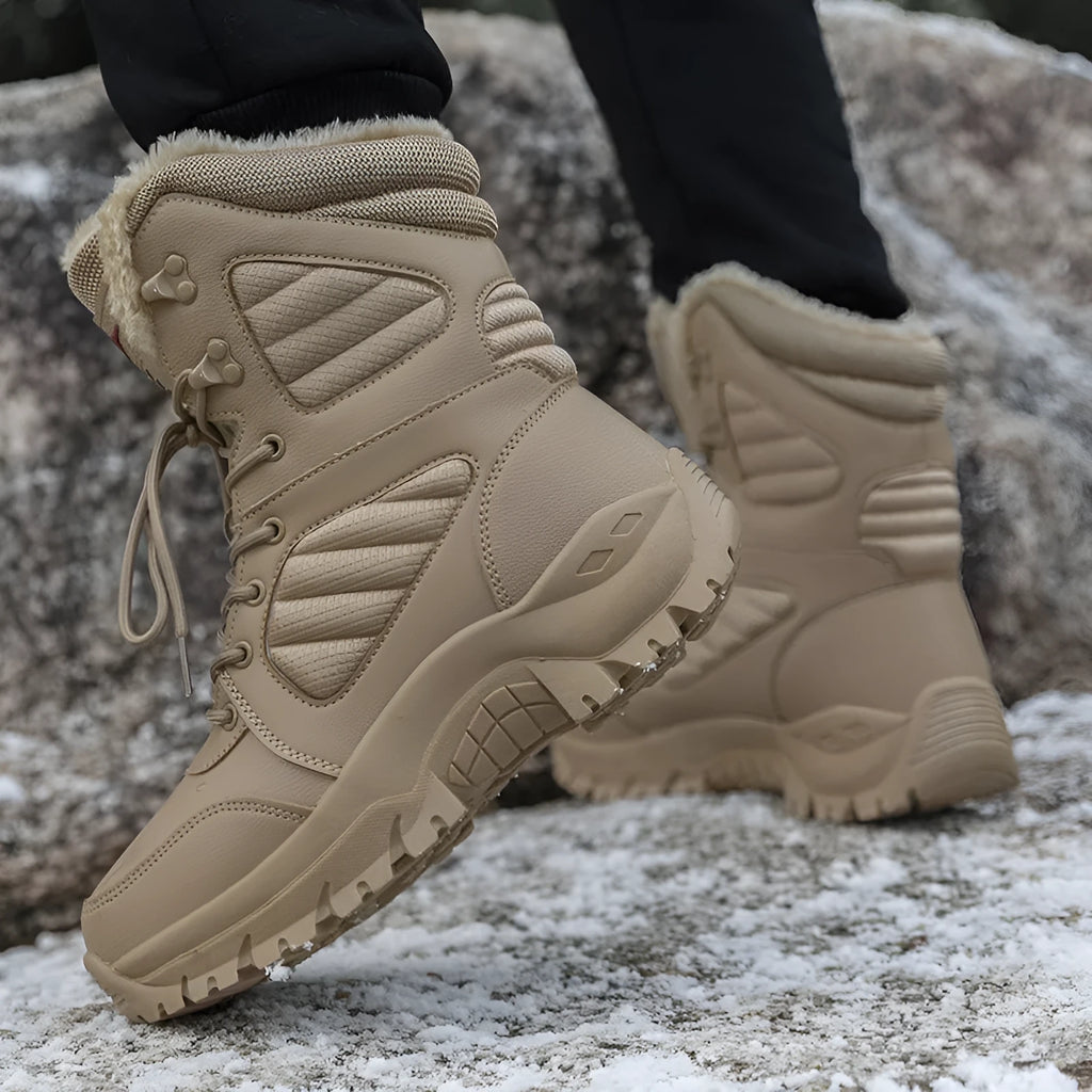 Men's snow boots brown waterproof artificial PU upper non-slip rubber sole mid heel winter shoes