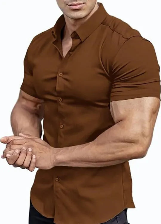 Men's short sleeve printed casual shirt with collar in cardigan style showing colour options