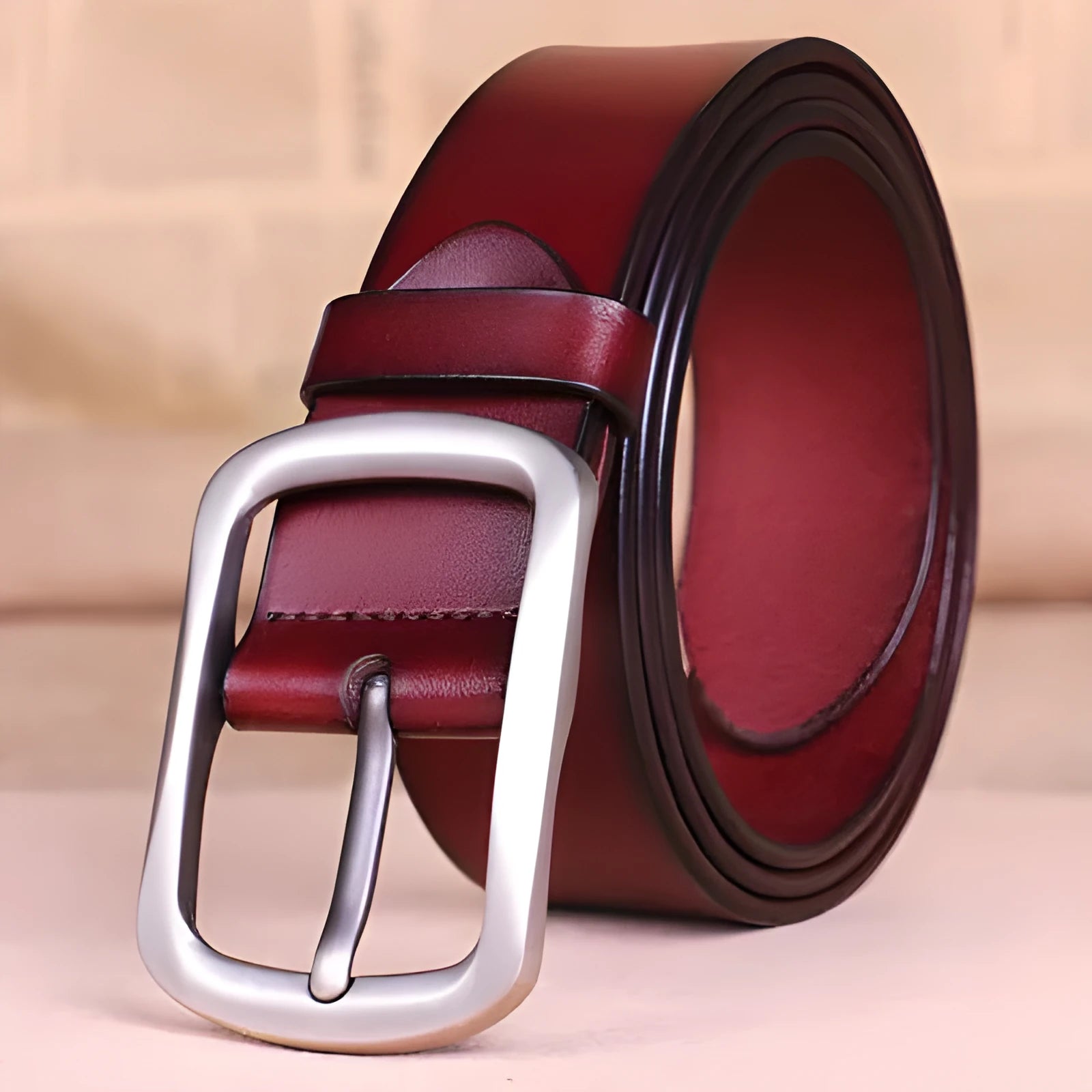 Men's genuine leather belt with alloy buckle in black, brown, and reddish brown colour options