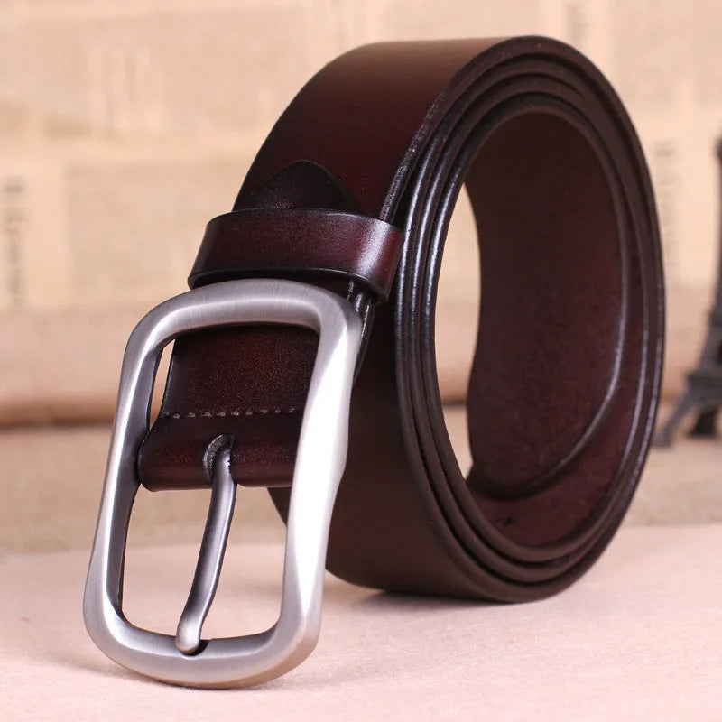 Men's genuine leather belt with alloy buckle in black, brown, and reddish brown colour options