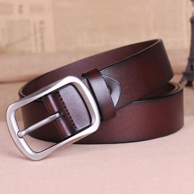 Men's genuine leather belt with alloy buckle in black, brown, and reddish brown colour options
