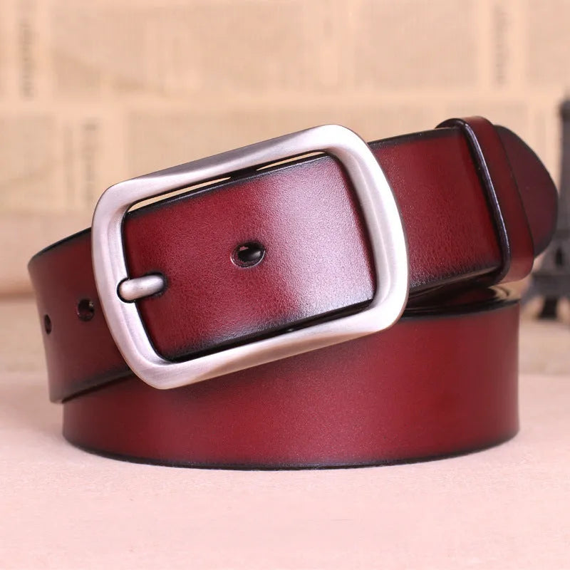 Men's genuine leather belt with alloy buckle in black, brown, and reddish brown colour options