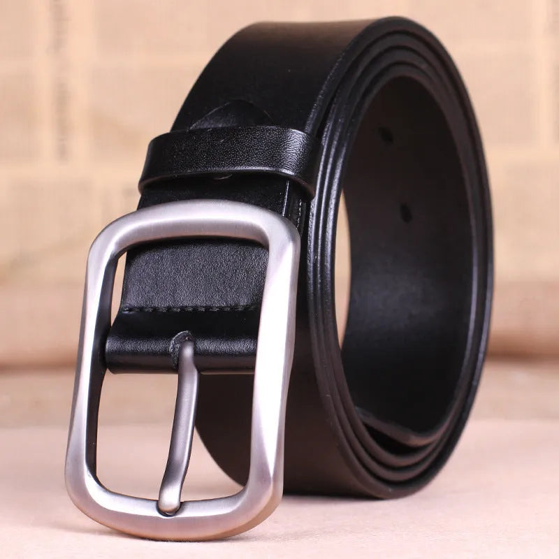 Men's genuine leather belt with alloy buckle in black, brown, and reddish brown colour options