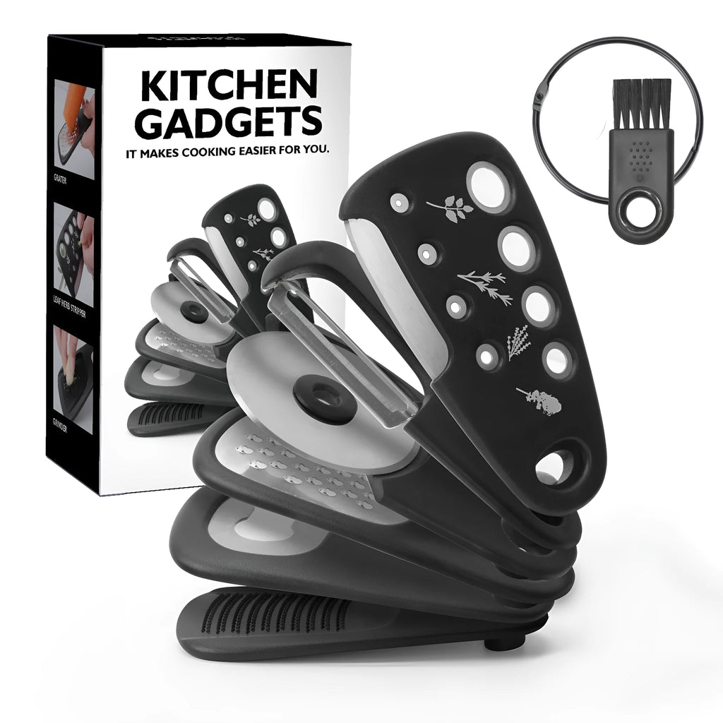 Six stackable kitchen gadgets with stainless steel and PP construction in modern simple design