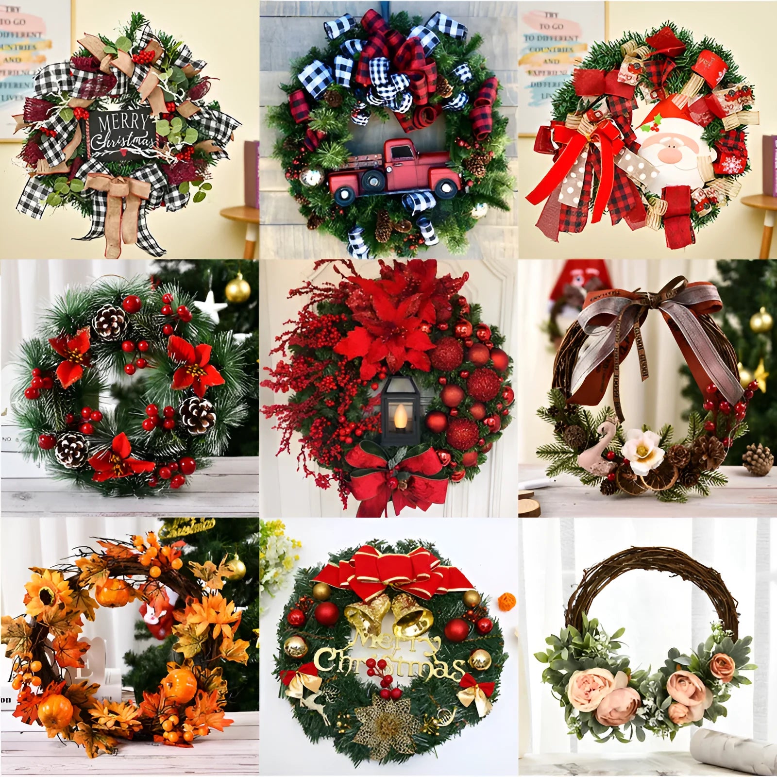 Wooden Christmas wreath with red fruit bowknot design on dead branches, 30cm diameter