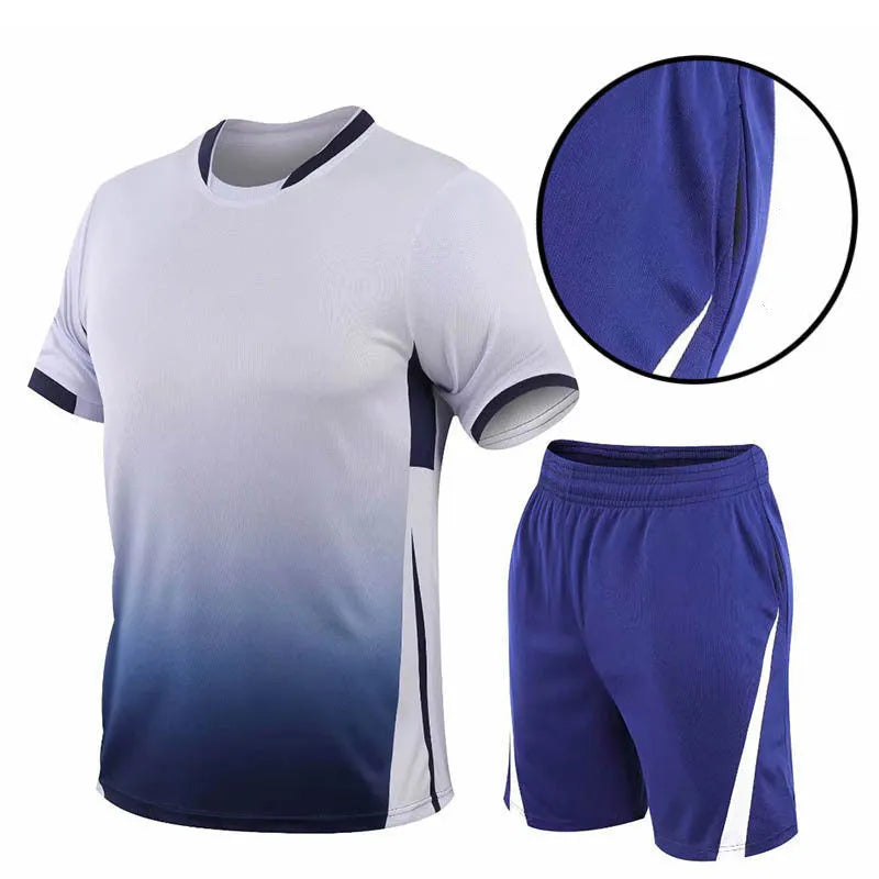 Men's summer sports suit two-piece with gradient digital print, loose short-sleeved T-shirt and shorts, plus size available