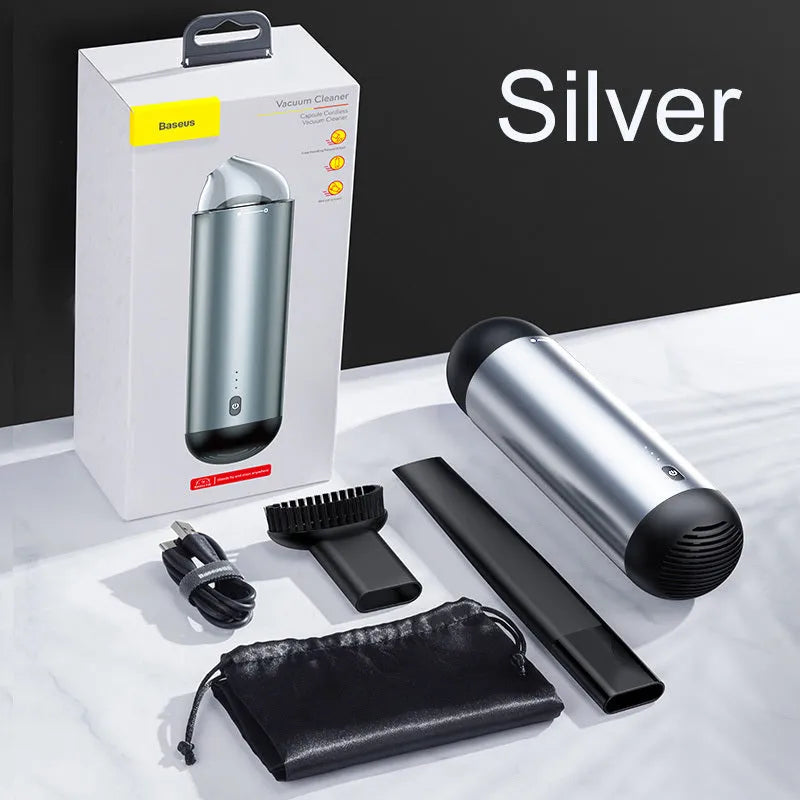 Wireless portable mini car vacuum cleaner in aluminium alloy and ABS plastic, black colour