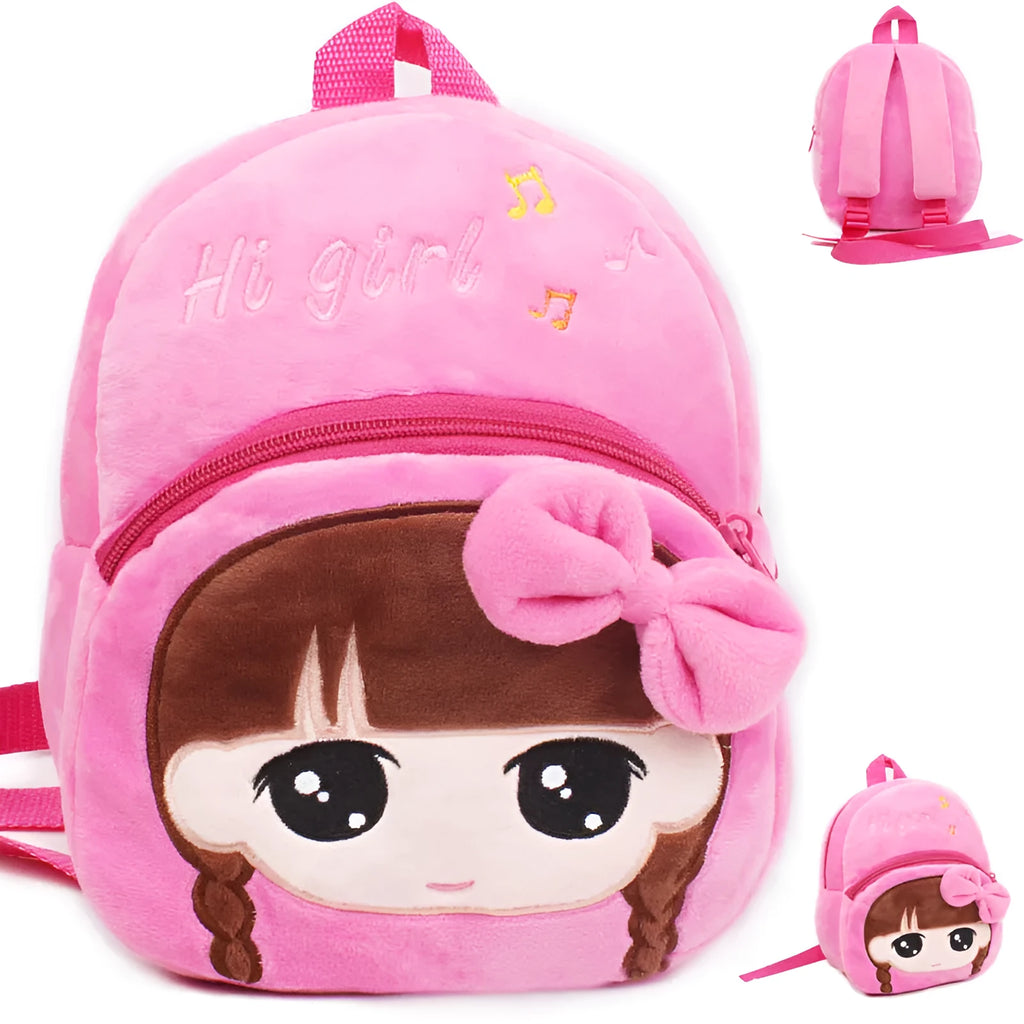 Small pink cartoon backpack for a baby or toddler aged 1 to 2 years, compact everyday bag.